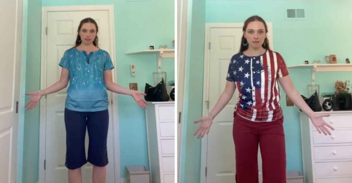 TikTok creator @samclardy shares blue outfit and American flag shirt her dad bought for her 