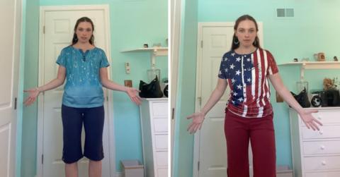 TikTok creator @samclardy shares blue outfit and American flag shirt her dad bought for her