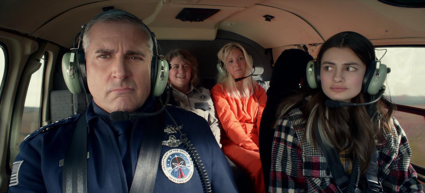 SPACE FORCE (L TO R) STEVE CARELL as GENERAL MARK R. NAIRD, CAROLYN WILSON as LOUISE, LISA KUDROW as MAGGIE NAIRD, and DIANA SILVERS as ERIN NAIRD