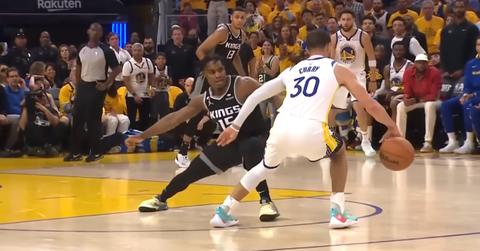 Steph Curry during Game 4 of the Warriors-King playoff series on April 23, 2023.