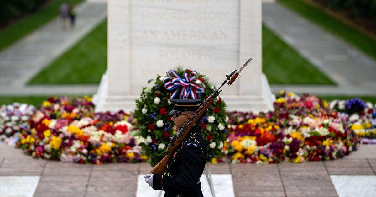 : A member of the 3rd U.S. Infantry Regiment marches as he stands watch over the Tomb of the Unknown Soldier 