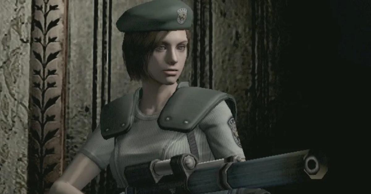 Jill Valentine holds a gun in Resident Evil.