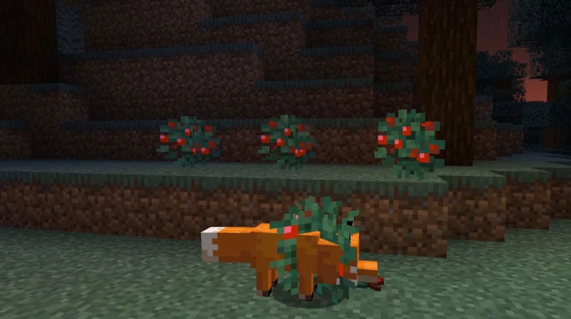 Fox taking a sweet berry in 'Minecraft'