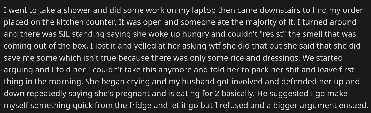 pregnant sister in law kicked out for eating redditors food