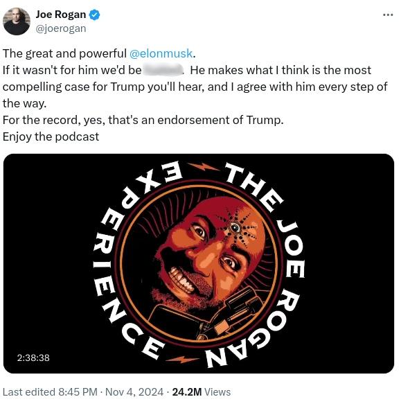 Joe Rogan's tweet about Donald Trump and Elon Musk