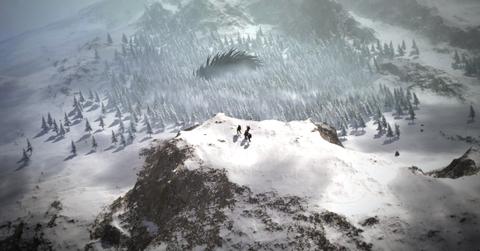 Giant monster spinning across a snowy forest in 'Wartales'