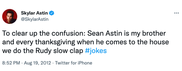 Skylar Astin's tweet from August 2012.