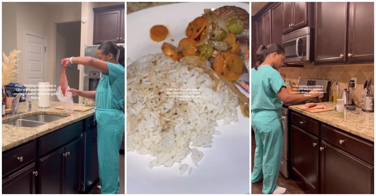 Woman wears blue scrubs and cooks dinner for her husband after 13 hour shift at work, a plate of rice, fish, and vegetables.