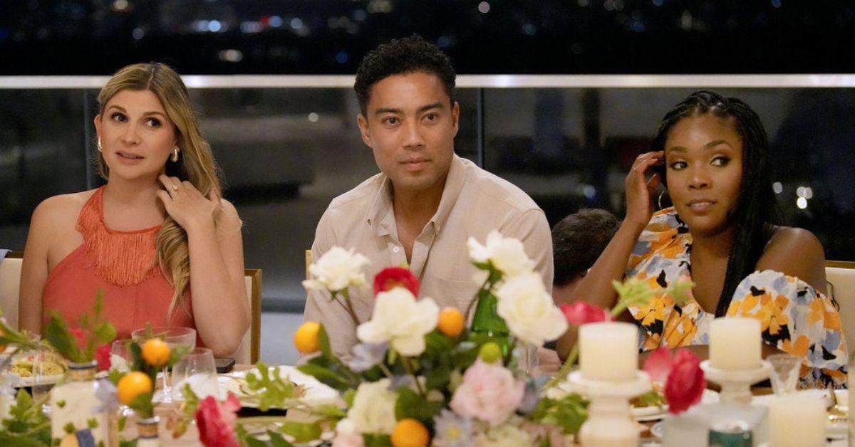 Janet Caperna, Jason Caperna, and Jasmine Goode stare during the Capri dinner on 'The Valley'