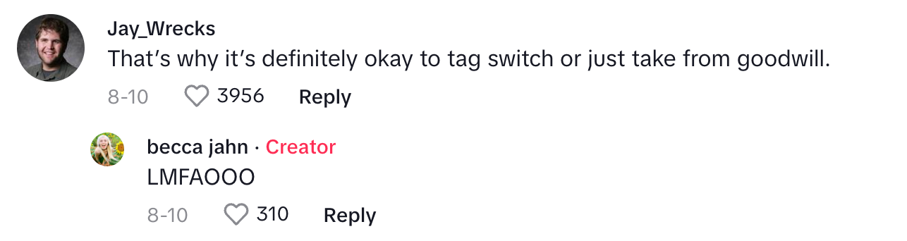 A commenter saying that it's OK to tag switch at Goodwill when prices are too high