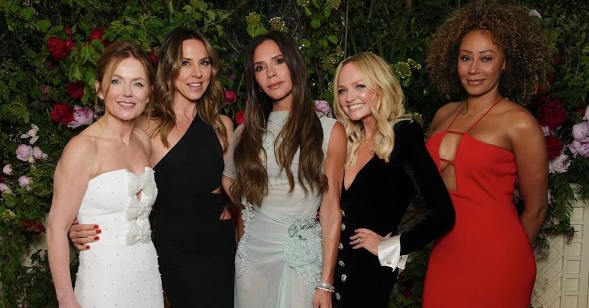 Spice Girls in April 2024 at Victoria Beckham's birthday party wearing gowns and smiling