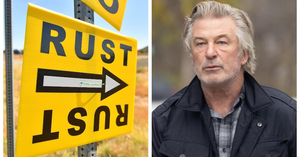 (L-R): Production signs for 'Rust'; Alec Baldwin on the set of 'Rust'