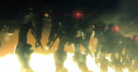 'Armored Core VI' Promo art of red-eyed mechs standing by opened door.