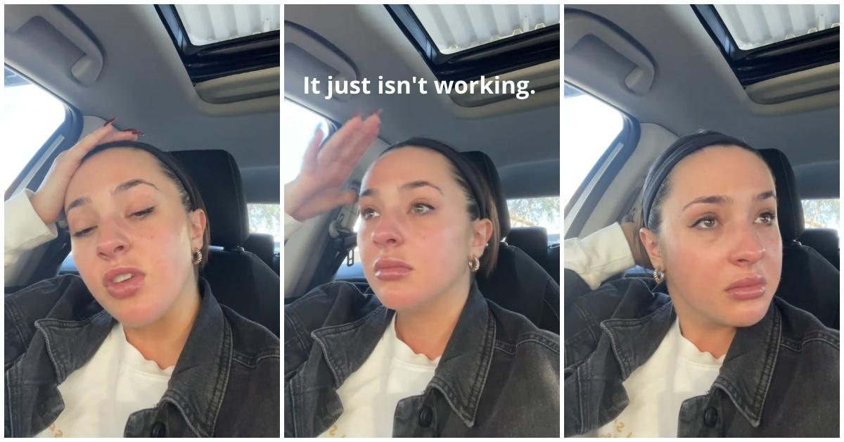 A woman crying in her car on TikTok