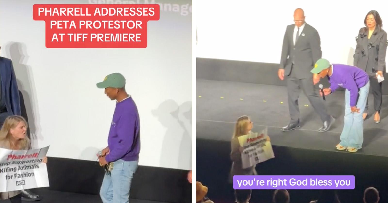 Pharrell addresses PETA protestor