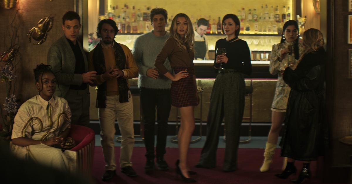 (L-R) Ozioma Whenu as Blessing, Ben Wiggins as Roald, Dario Coates as Connie, Lukas Gage as Adam, Tilly Keeper as Lady Phoebe, Charlotte Ritchie as Kate, and Niccy Lin as Sophie