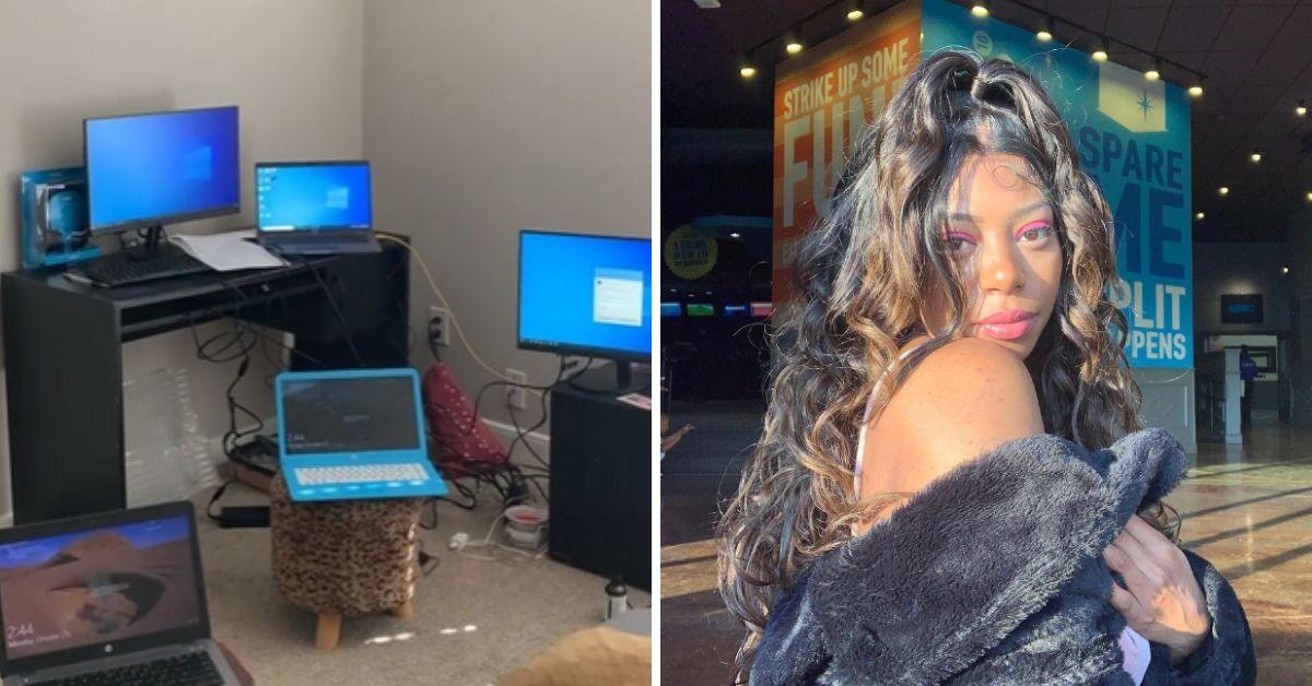 Multiple monitors for a woman's work from home situation split with an image of the woman.