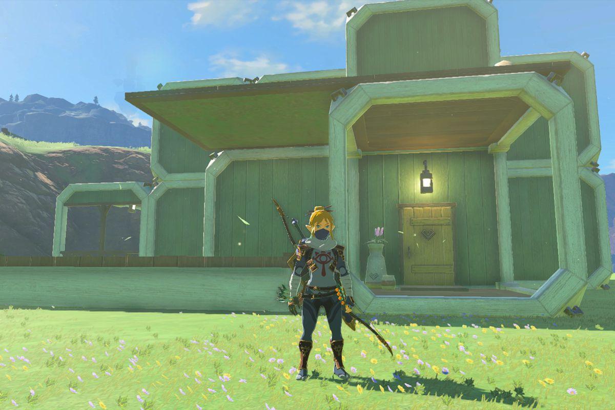 'Tears of the Kingdom' Link standing in front of a player-created house.