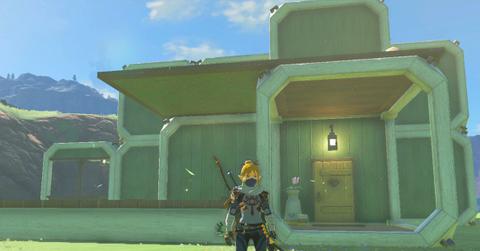 'Tears of the Kingdom' Link standing in front of a player-created house.