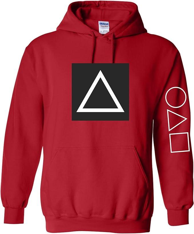 A red hoodie with a triangle on the front