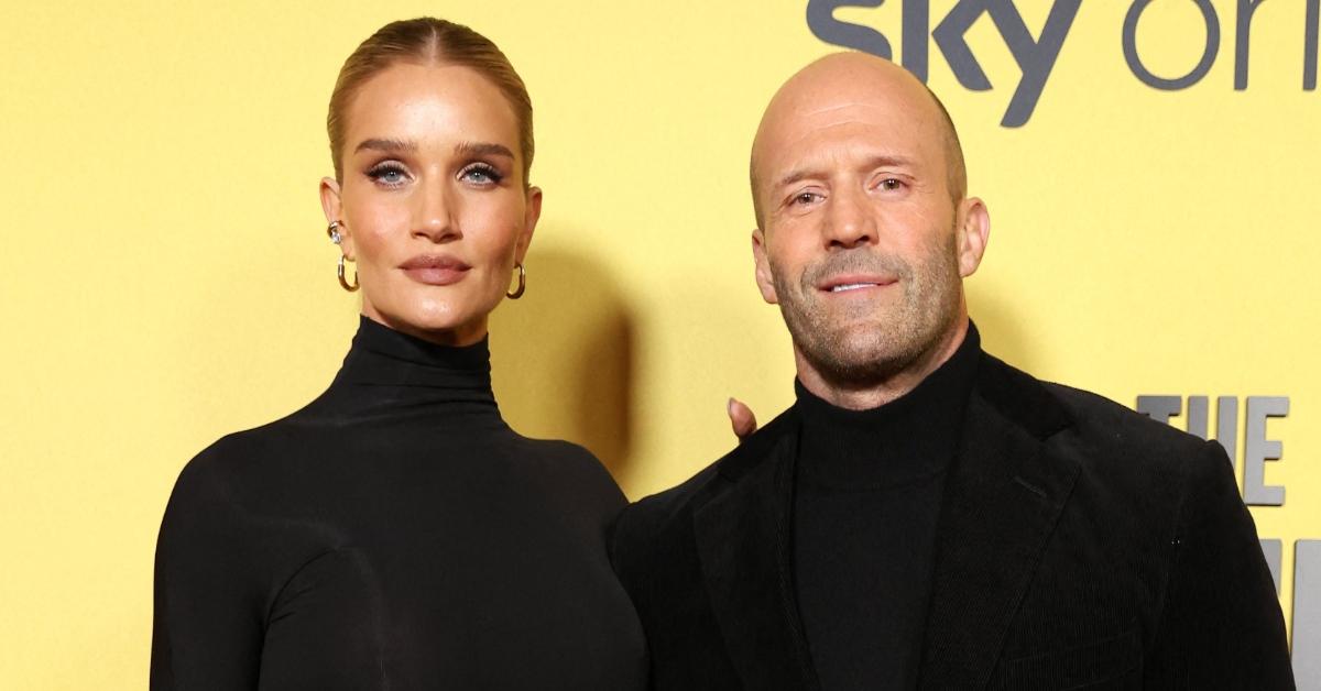 Jason Statham with his fiancé, Rosie Huntington-Whiteley, at the premiere for 'Bee Keeper'