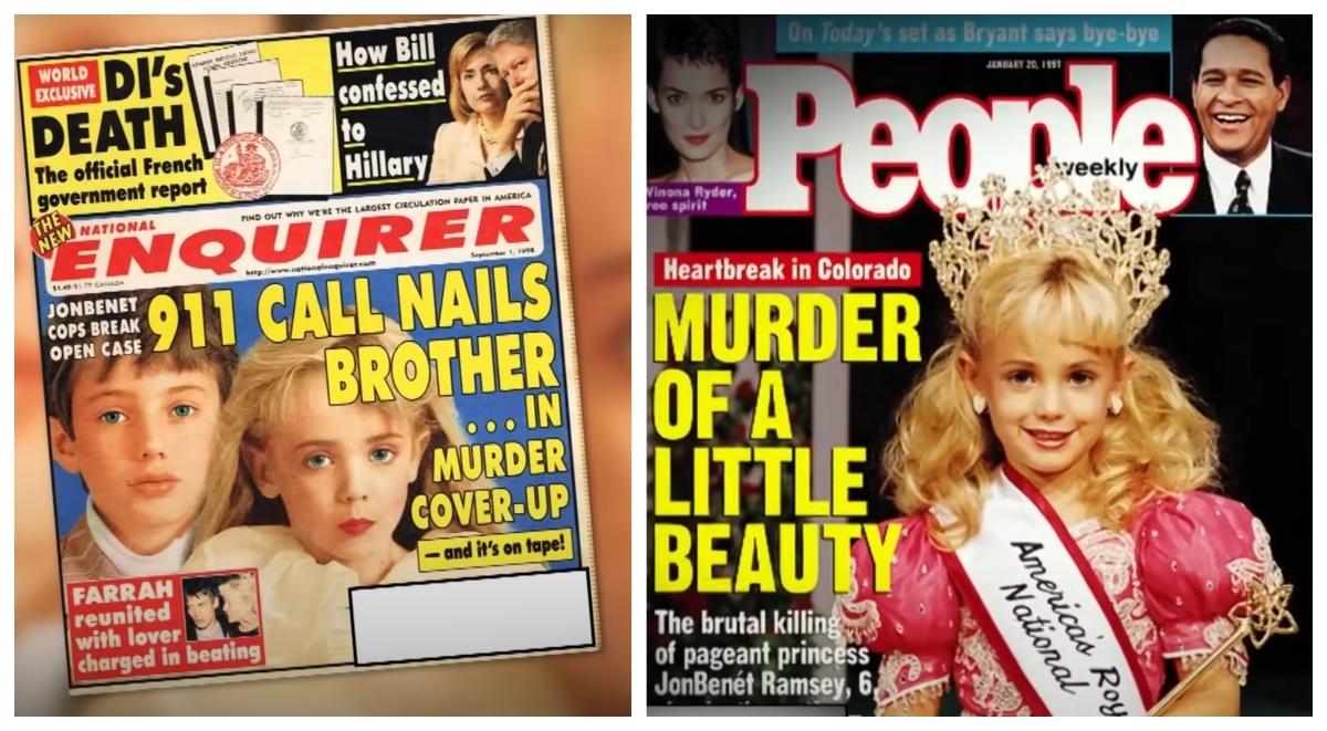 (L-R): Cover of the National Enquirer featuring Jonbenet Ramsey and her brother; Jonbenet Ramsey on the cover of People