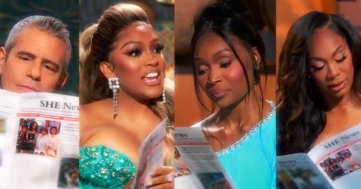 (L-R): Andy Cohen, Drew Sidora, Marlo Hampton i Sanya Richards-Ross, patrząc na rekwizyt na spotkaniu „Rhoa”