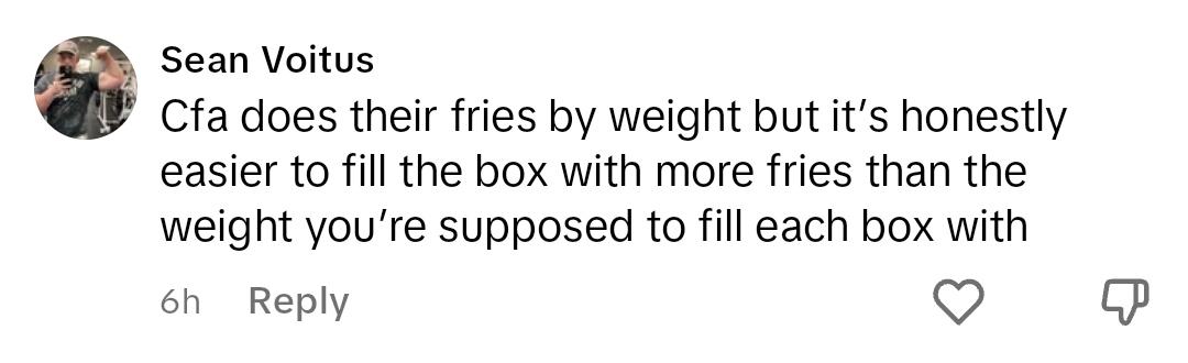 A commenter discussing that Chick-fil-A fries weighed