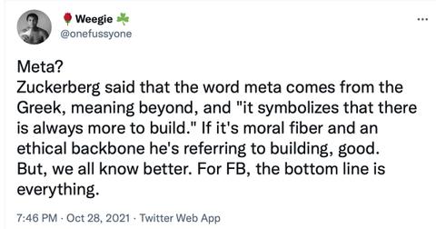 A tweet about the recent name change from Facebook to Meta