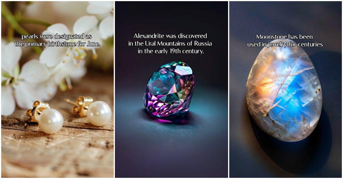 All three of June's birthstones — pearl, alexandrite, and moonstone.