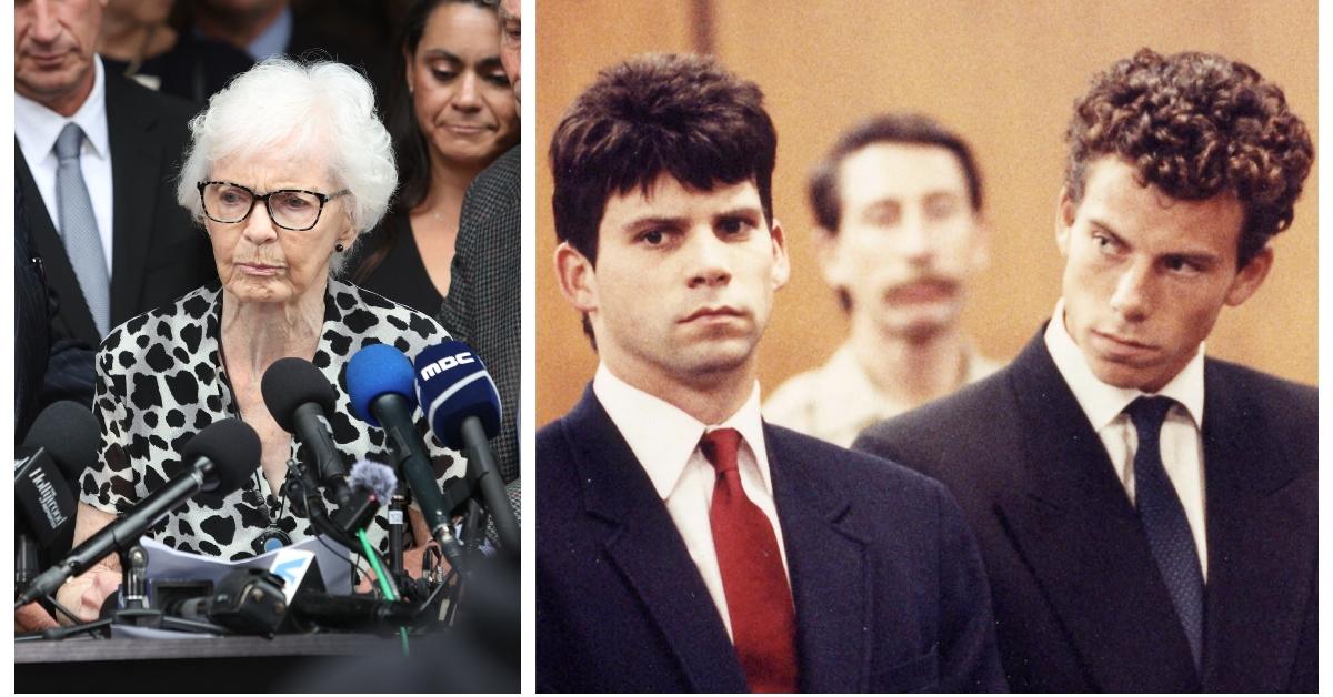 (L-R): Joan Vandermolen at a press conference; Lyle and Erik Menendez at their arraignment