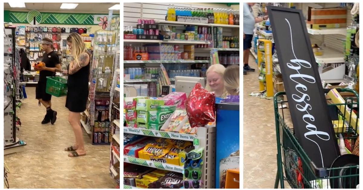 A customer takes over as cashier at Dollar Tree