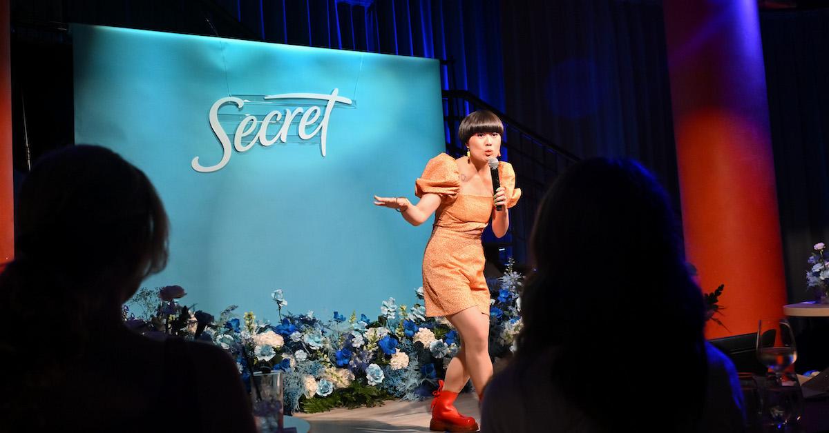 Atsuko Okatsuka telling jokes at Secret comedy event