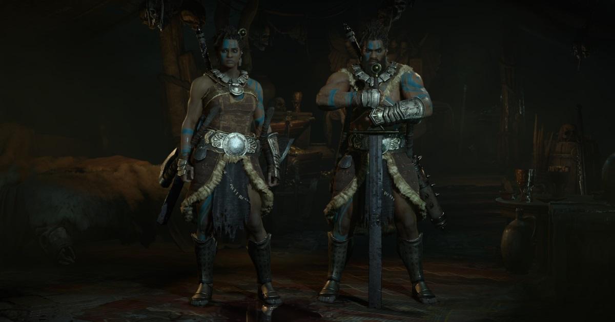 Two barbarians posing in Diablo IV.