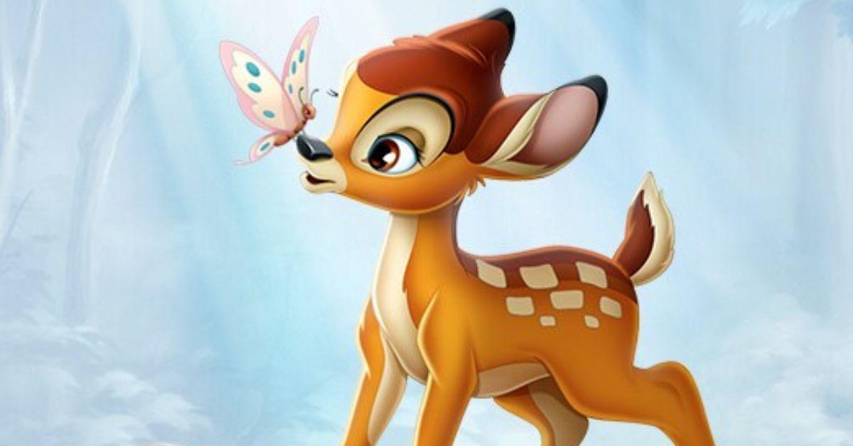 An illustration of Bambi with a butterfly on his nose