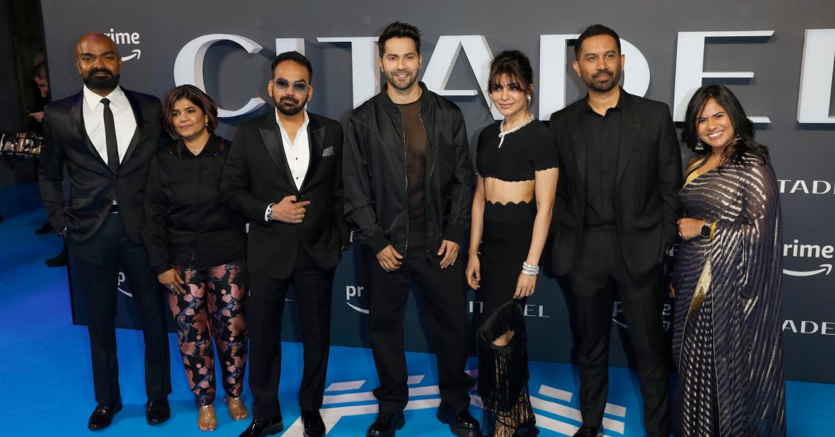 (L-R) Sushant Sreeram, Writer Sita Menon, Director Krishna DK, Varun Dhawan, Samantha Ruth Prabhu, Director Raj Nidimoru and Aparna Purohit at the 'Citadel' premiere April 18, 2023