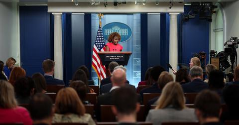 Karine Jean-Pierre at a press conference at a White House.