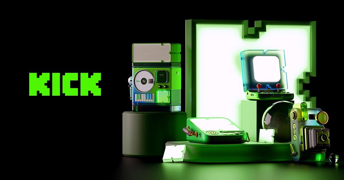 The Kick logo featuring a black background and retro electronics with a green glow.