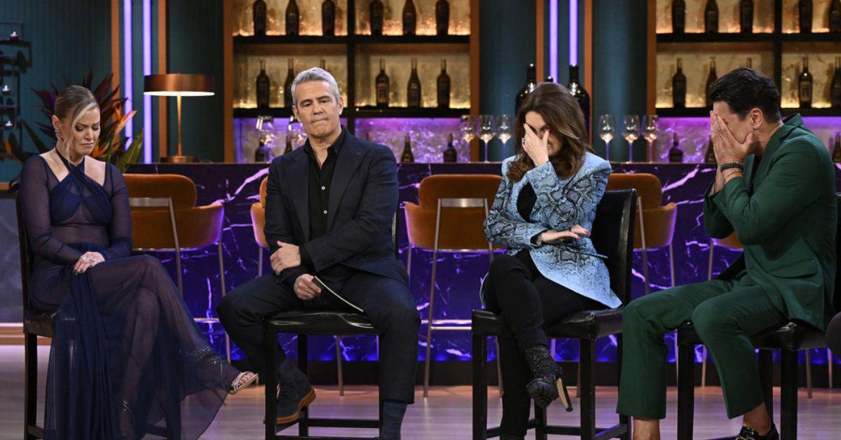 Ariana Madix and Andy Cohen seated during the 'VPR' reunion, while to the right of them both Lisa Vanderpump and Tom Sandoval have their faces in their hands.