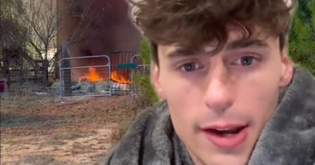 Noah Glenn Carter talking with an image of his house burning in the background