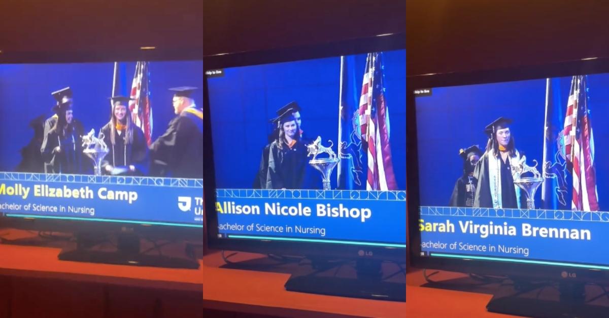 TV screen showing names the speaker at Thomas Jefferson University butchered.