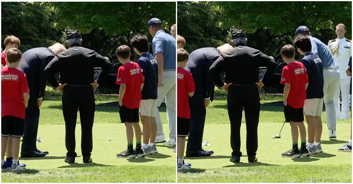 Trump misses golf putt during kids' fitness event at the White House.