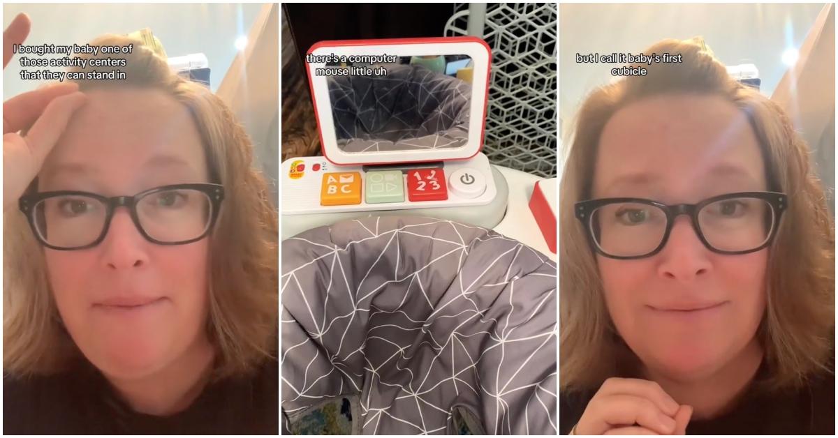 Viral video of mom explaining that her baby's bouncer toy is like a baby's first cubicle.