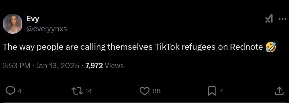 An X post about TikTok refugees on RedNote