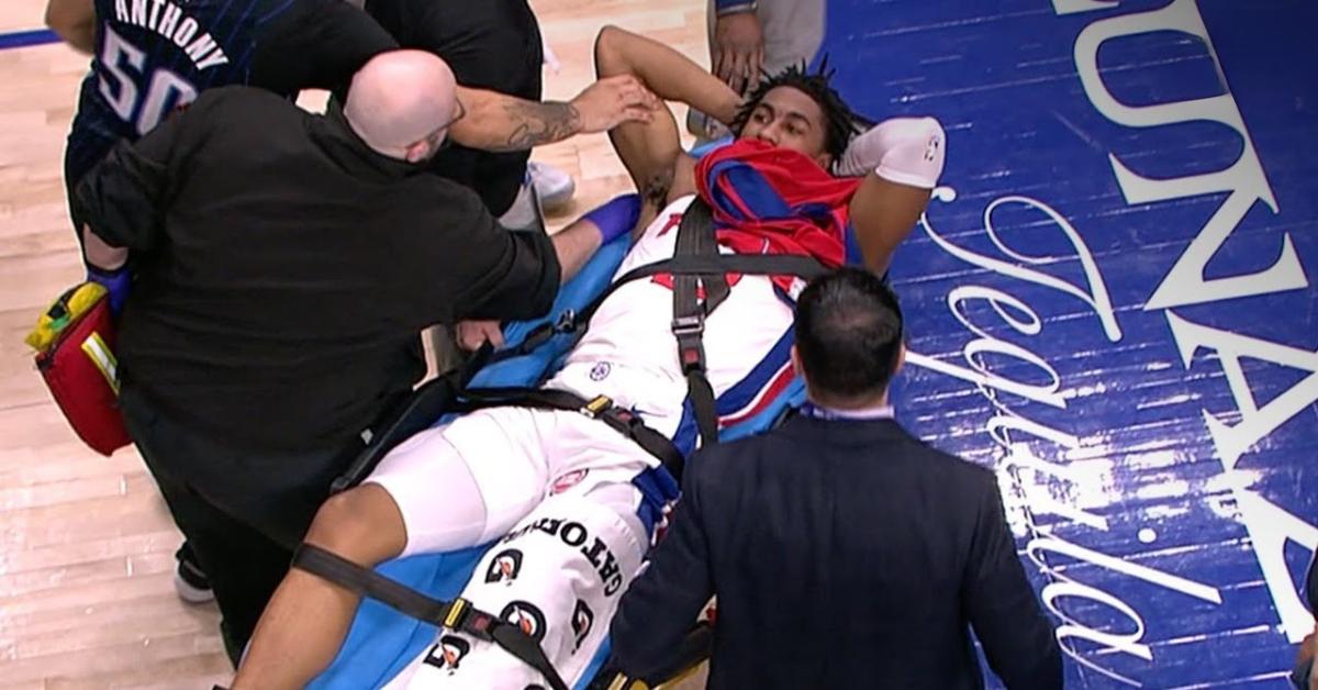 Detroit Pistons guard Jaden Ivey is stretchered off the court after suffering what appeared to be a serious left leg injury.