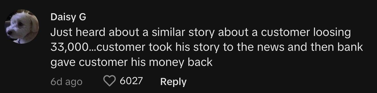 TikToker @daisygh58 commented, "Just heard about a similar story about a customer losing $33,000...customer took his story to the news and then bank gave the customer his money back."