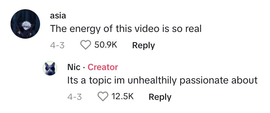 Comment that Nic's "energy" is "so real"