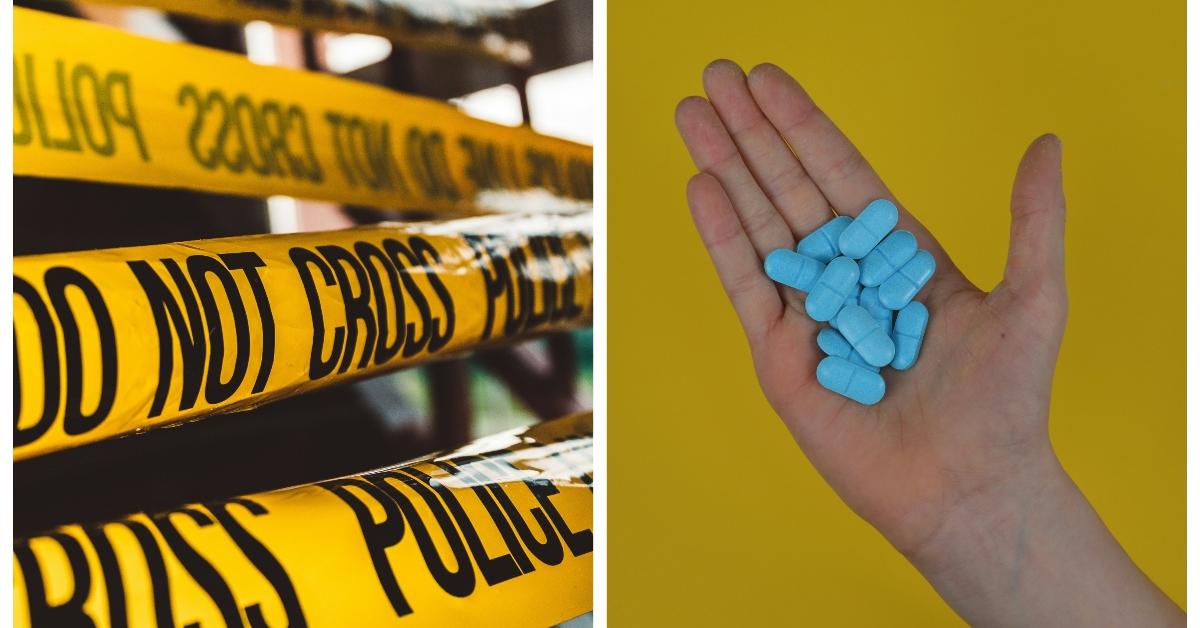 (L-R): Police line do not cross tape; hand holding blue pills