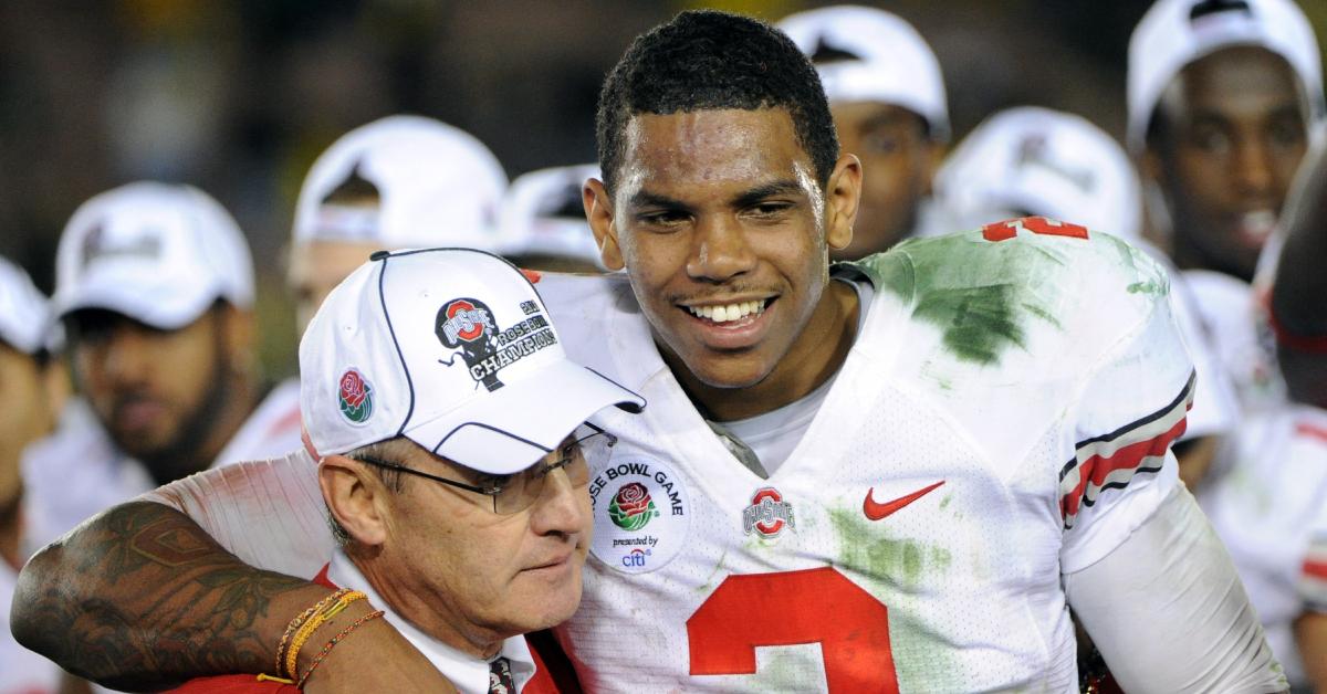 Jim Tressel and Terrelle Pryor hug after winning the Rose Bowl on Jan. 1, 2010.