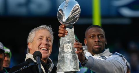 Pete Carroll and Jeremy Lane with the Lombardi Trophy after the Seahawks won the Super Bowl in 2014